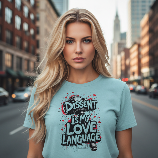 Portrait of woman wearing Dissent is My Love Language t-shirt