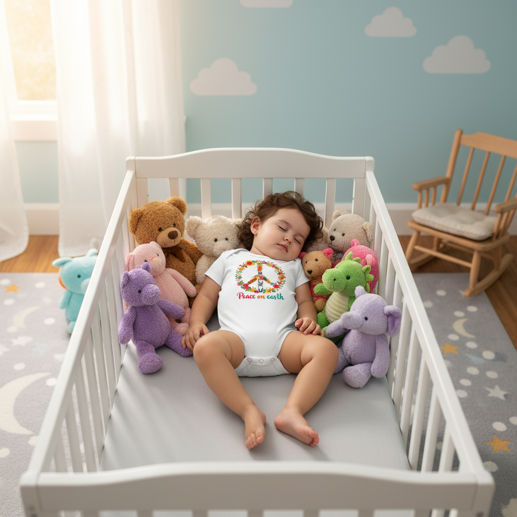 Wide-angle shot of 12-month-old baby girl sleeping in crib wearing white Peace on Earth onesie with colorful stuffed animals