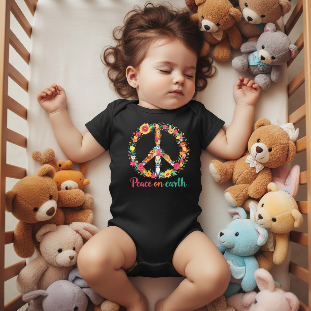 12-month-old baby girl with curly brown hair sleeping in crib wearing black Peace on Earth onesie with colorful stuffed animals
