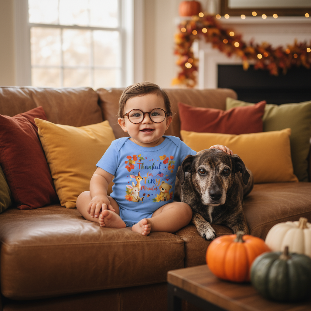 18-month-old Hispanic baby boy with glasses in Heather Columbia Blue onesie with dog