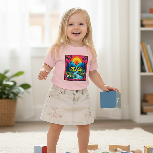 Adorable blonde toddler in pink Peace baby tee
