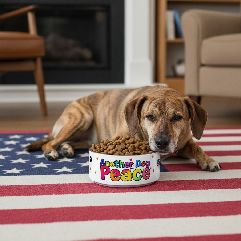 Another Dog for Peace 32oz bowl with brindle mutt on American flag rug