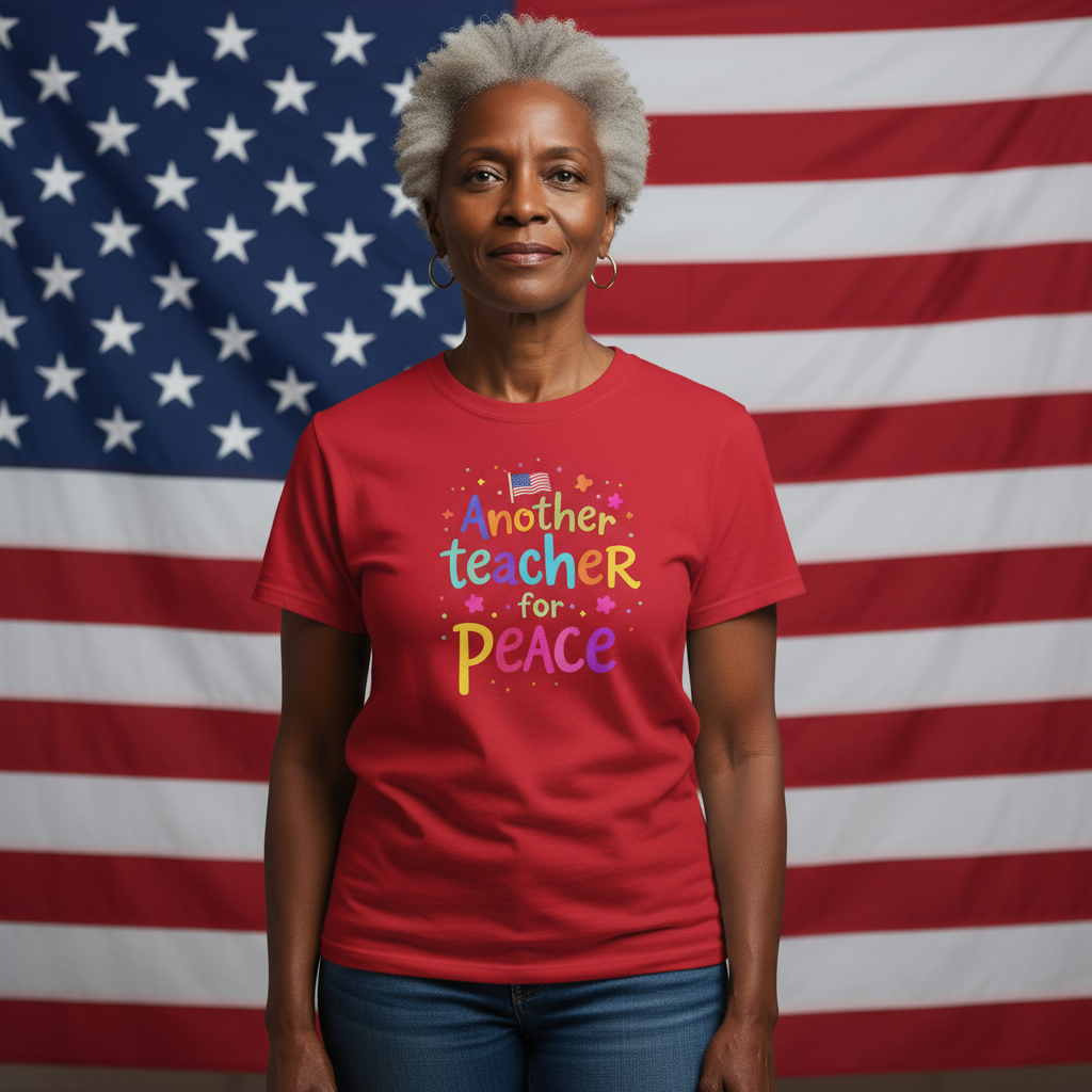 Another Teacher for Peace Red T-Shirt - American Flag Portrait