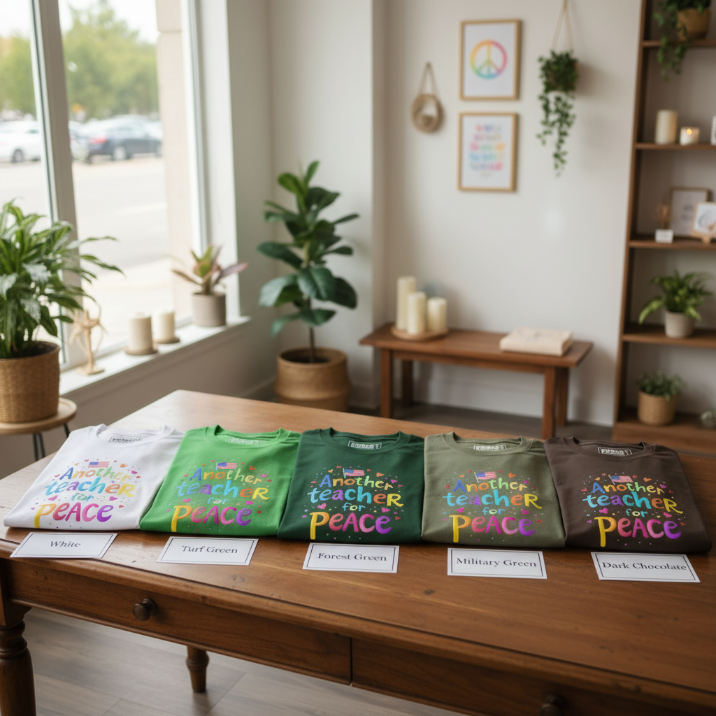 Another Teacher for Peace T-Shirts - Five Color Display with Distinct Greens