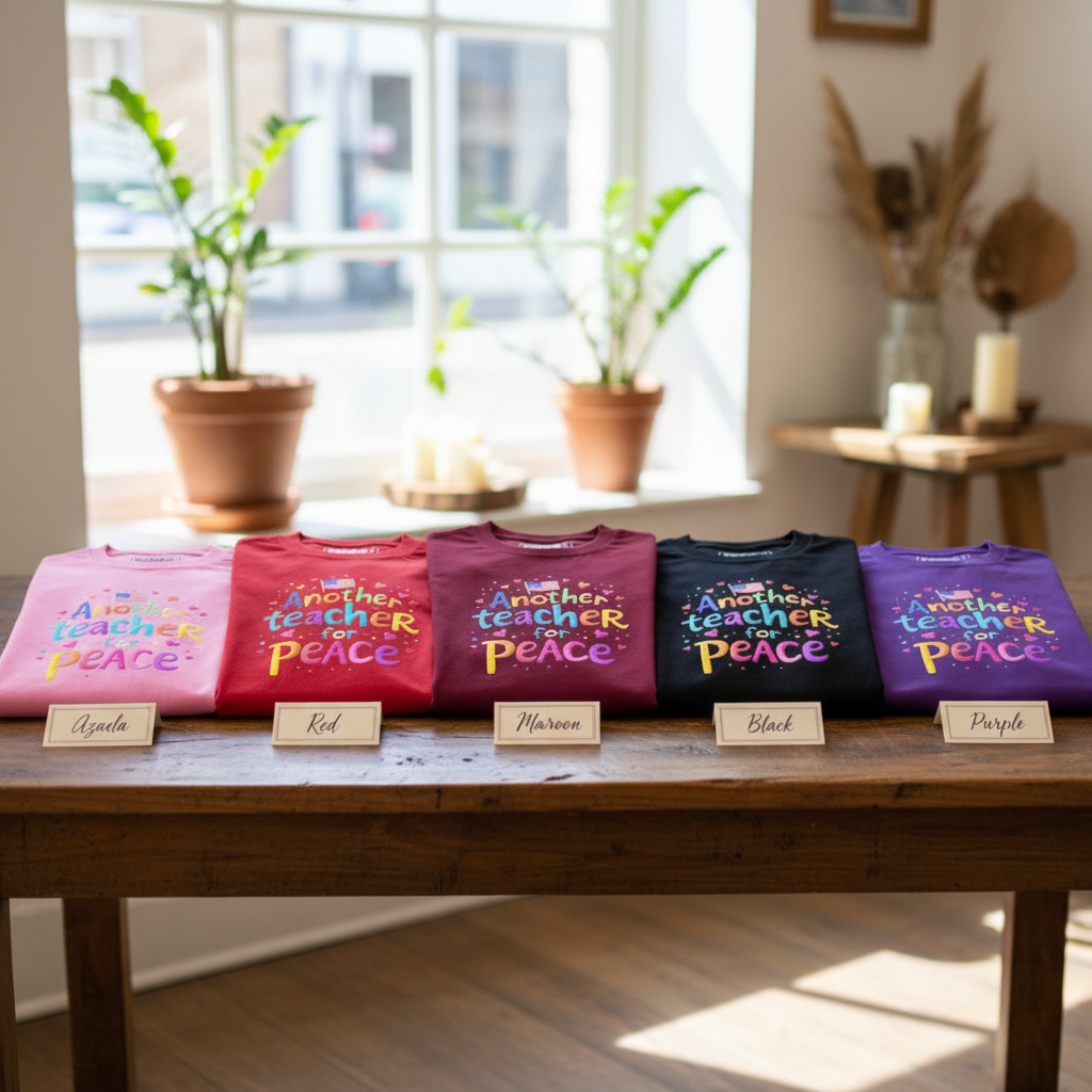 Another Teacher for Peace T-Shirts - Five Color Display with Labels (Azalea, Red, Maroon, Black, Purple)