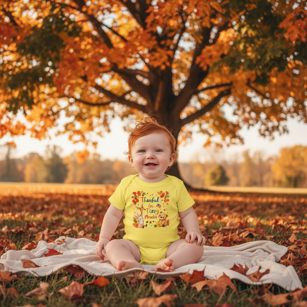 Baby boy with red hair in yellow Thankful for Tiny Miracles onesie under fall tree