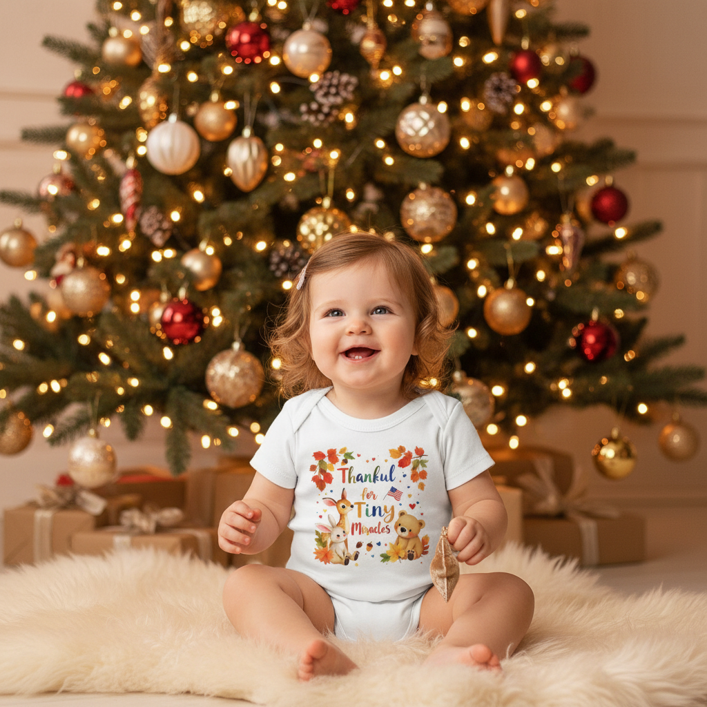 Baby in Thankful for Tiny Miracles onesie by Christmas tree