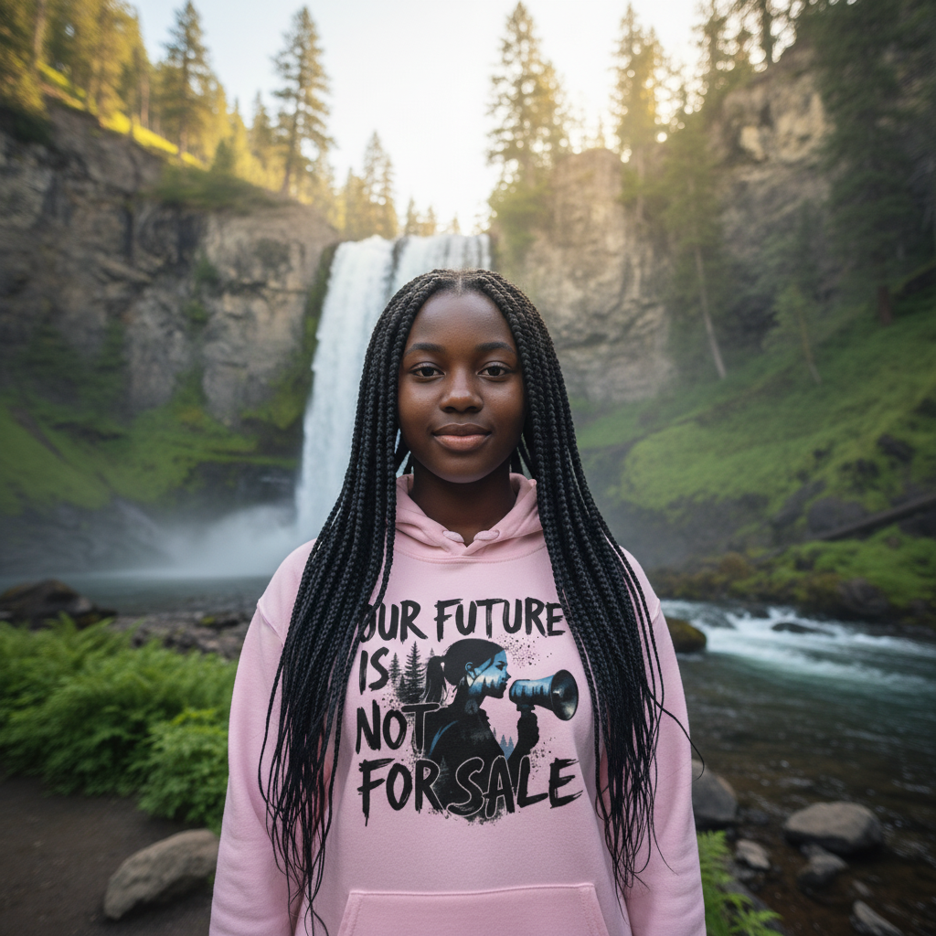 Black teen girl in Light Pink Our Future is Not For Sale hoodie at waterfall