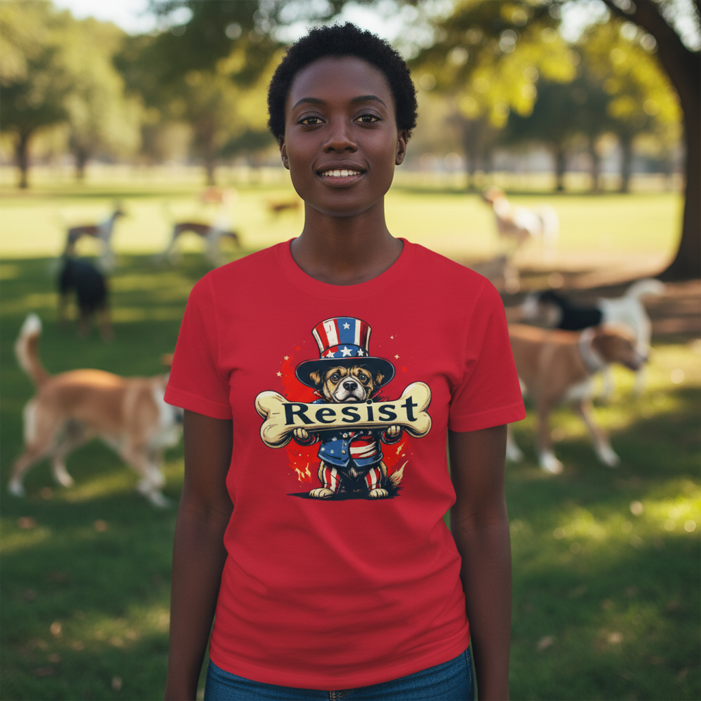 Black woman in red Resist tee at dog park