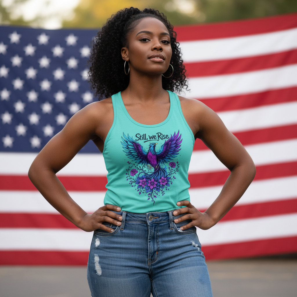 Black woman in Tahiti Blue Still We Rise tank with American flag