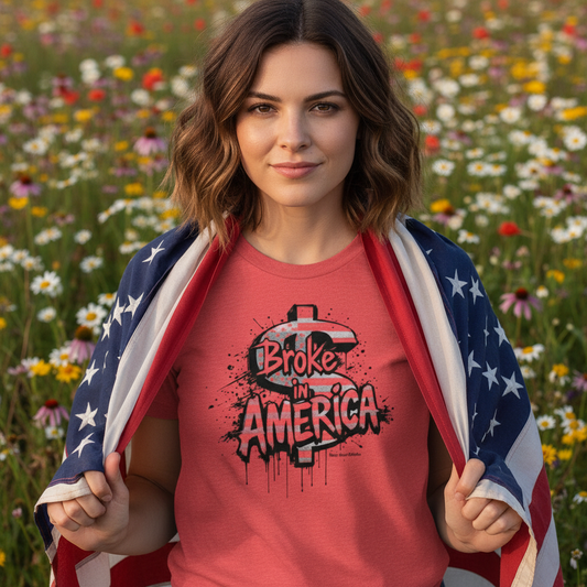 Broke In America Heather Red Tee Portrait with Flag