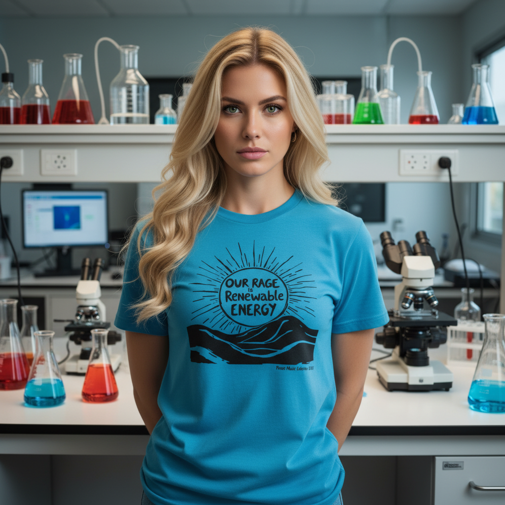 Climate scientist wearing Our Rage is Renewable Energy t-shirt