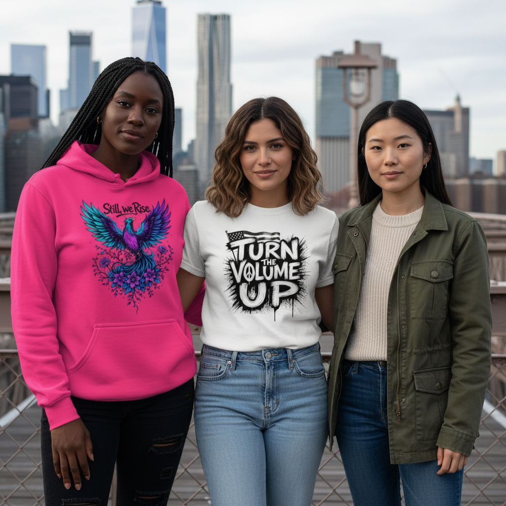 Close-up group shot of women on NYC bridge