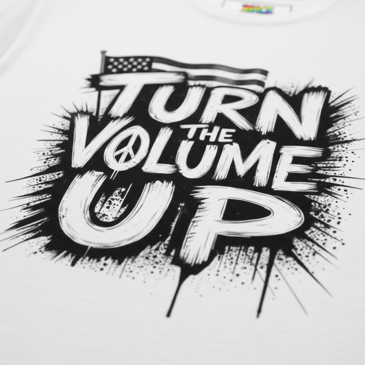 Close-up of Turn the Volume Up t-shirt design