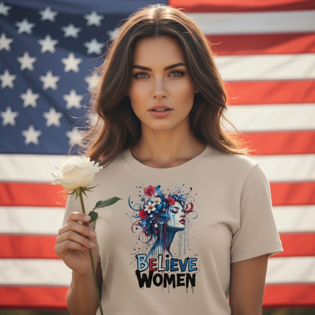 Close-up portrait of brunette woman in Heather Stone Believe Women t-shirt