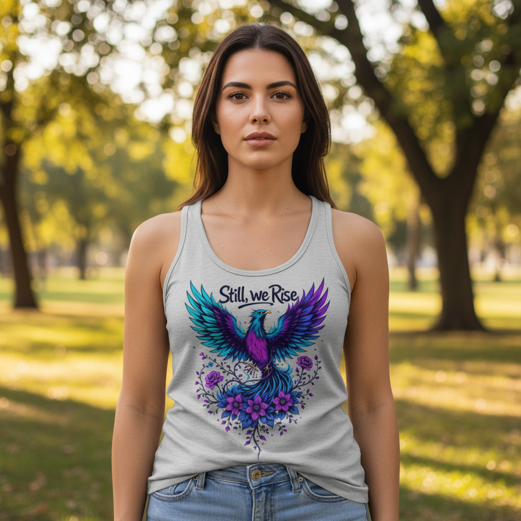 Confident brunette in Still We Rise heather gray tank in sunny park