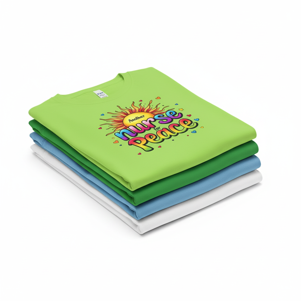Cool rainbow stack of Another Nurse for Peace tees