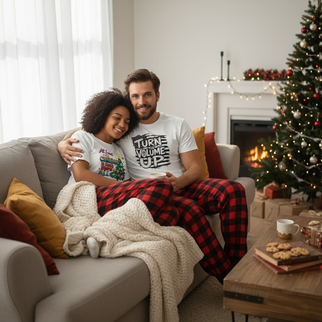 Couple in cozy pajamas wearing Equal Rights and Turn the Volume Up t-shirts