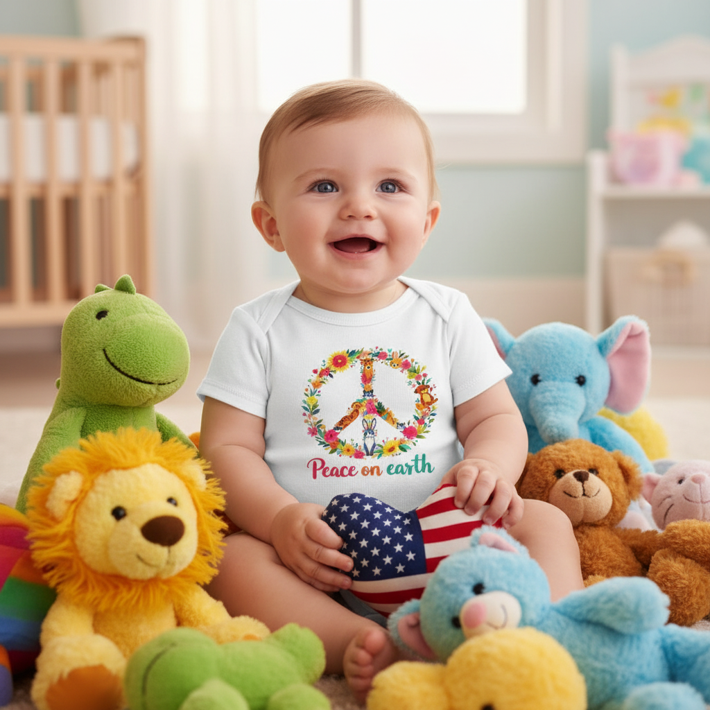 Cute baby boy in white Peace on Earth onesie holding American flag heart pillow surrounded by stuffed animals