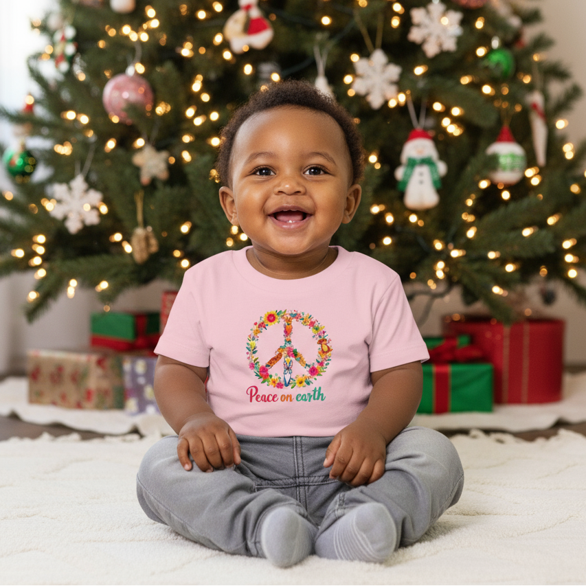 Cute little black baby boy in pink Peace on Earth t-shirt in front of Christmas tree