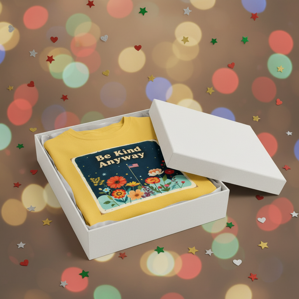 Daisy shirt in white gift box with hearts and stars background