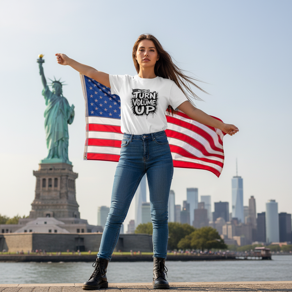 Female wearing Turn the Volume Up t-shirt at Statue of Liberty