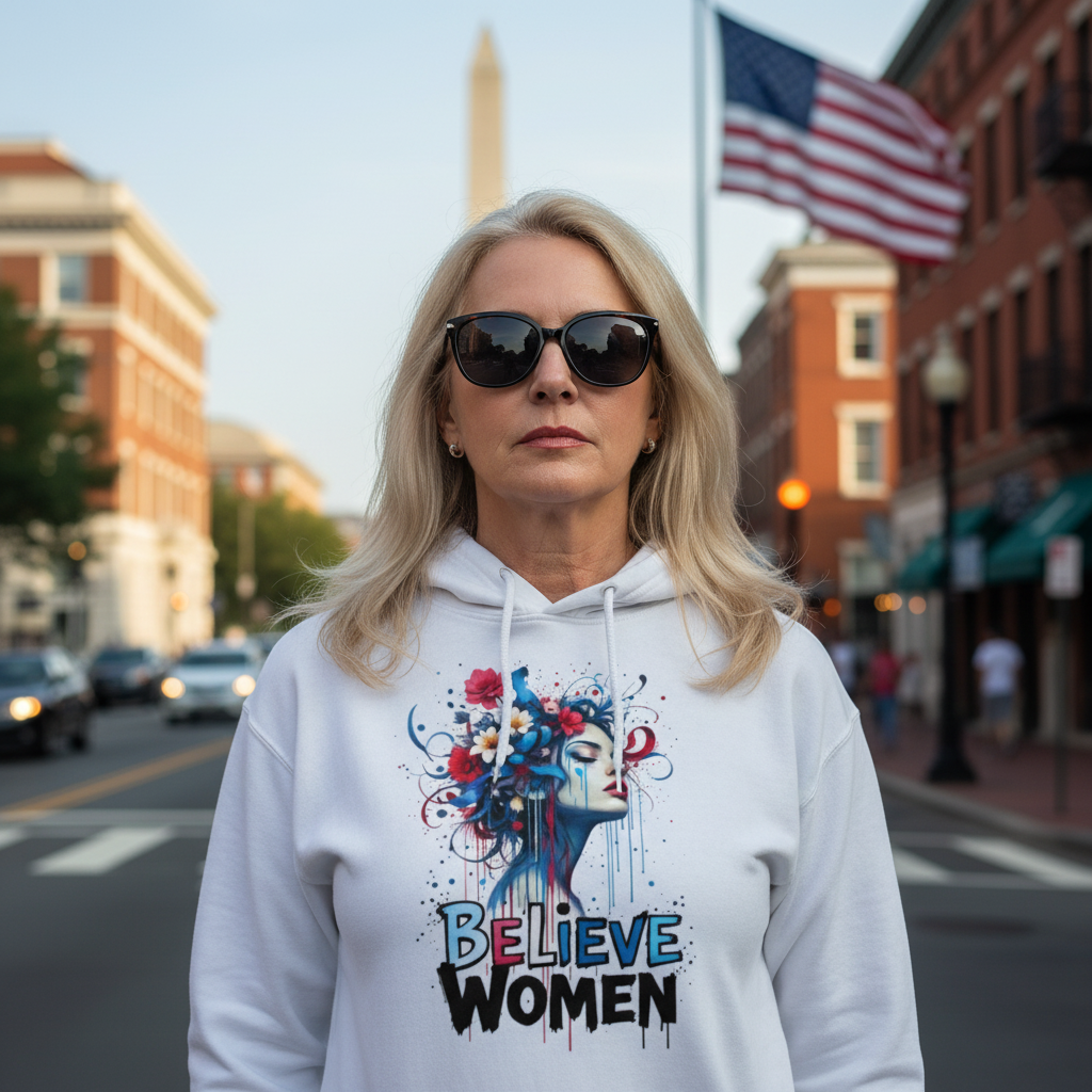 Fierce portrait of woman wearing Believe Women White hoodie in Washington DC