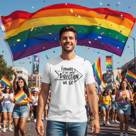 Happy man wearing white Forward Is The Only Direction tee at Pride parade with rainbow flag
