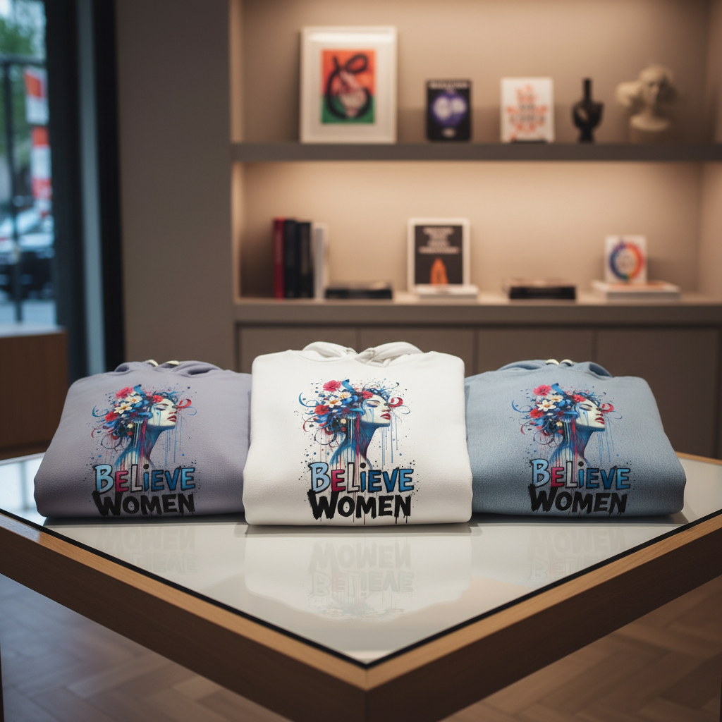 High-end retail display of Believe Women hoodies with accurate Blue Jean color