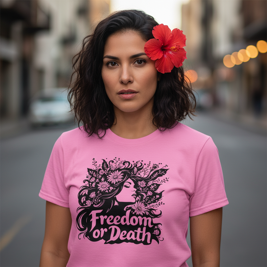 Hispanic woman with red flower in hair wearing Azalea Freedom or Death tee