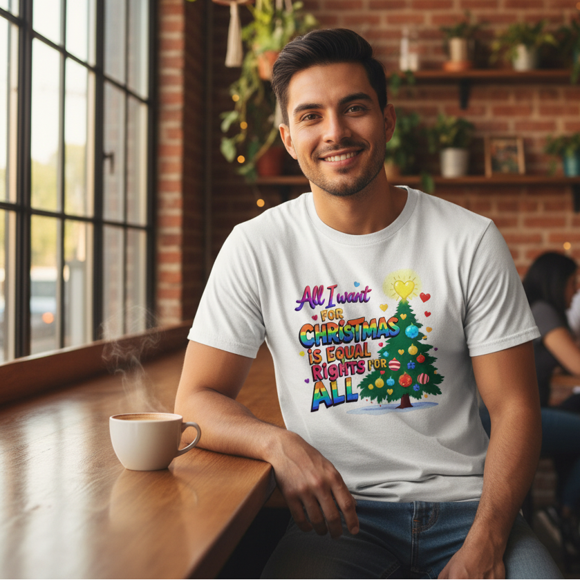 Latino man in coffee shop wearing Equal Rights peace tee