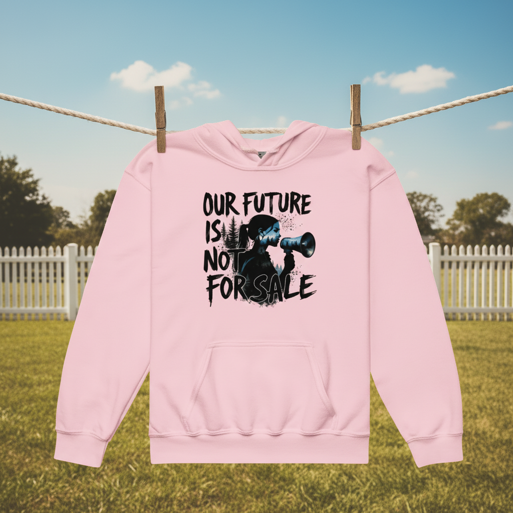 Light Pink environmental protest youth hoodie on vintage 1950s clothesline