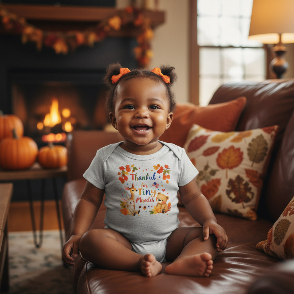 Light-skinned baby Black girl with pigtails in Athletic Heather onesie on leather couch