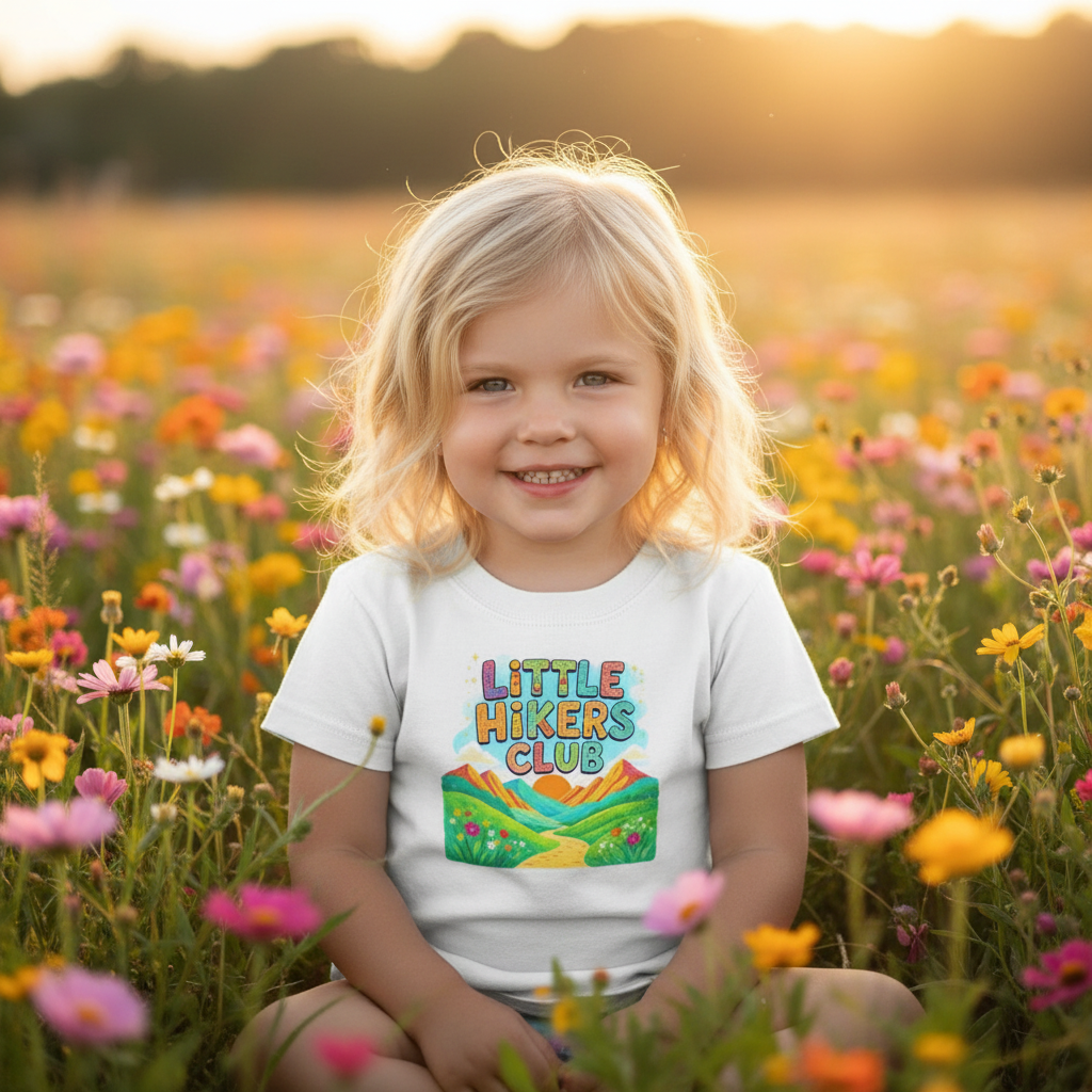 Little blonde girl in white Little Hikers Club tee in flower field