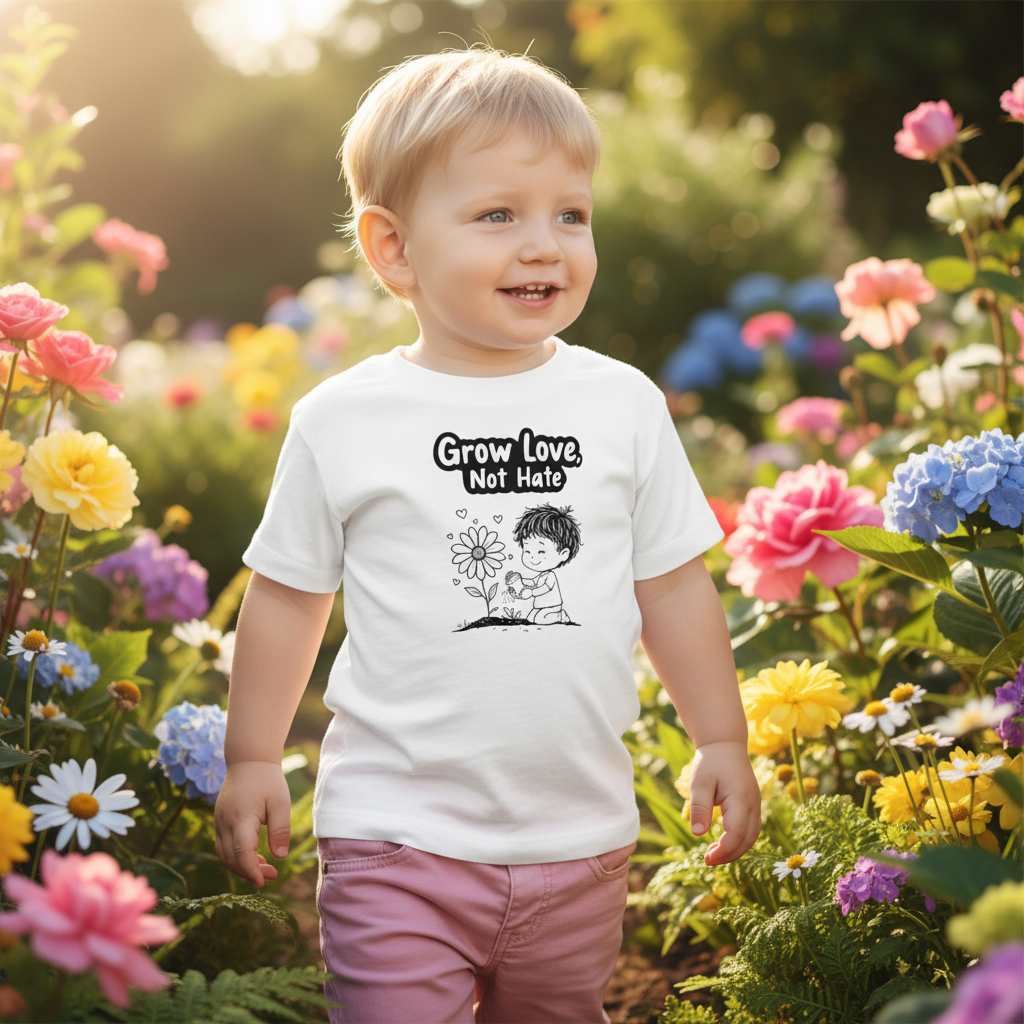 Little girl wearing white 'Grow Love, Not Hate' peace tee with pink pants in garden