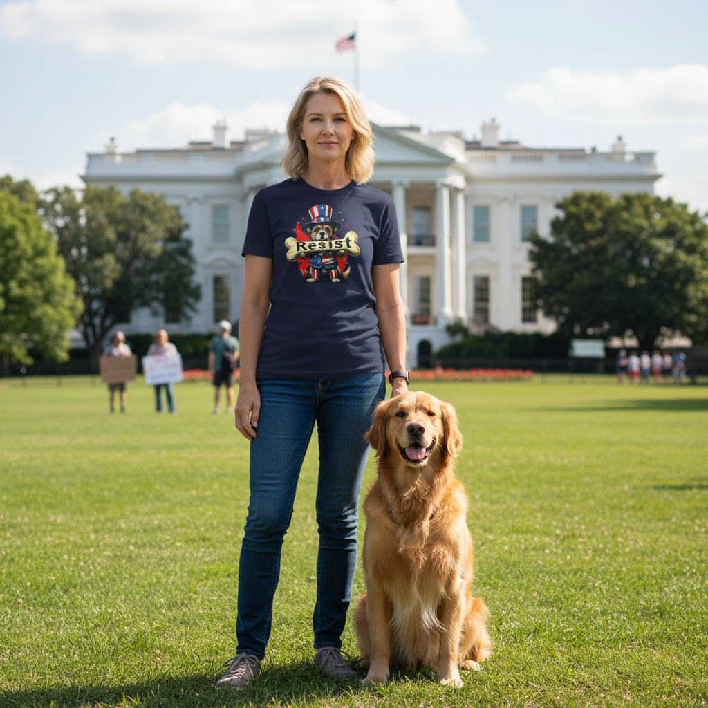 Middle-aged woman with dog in front of White House wearing Navy Resist tee