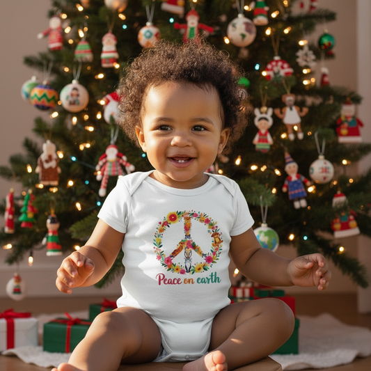 Peace on Earth Baby Bodysuit - Farm lifestyle shot