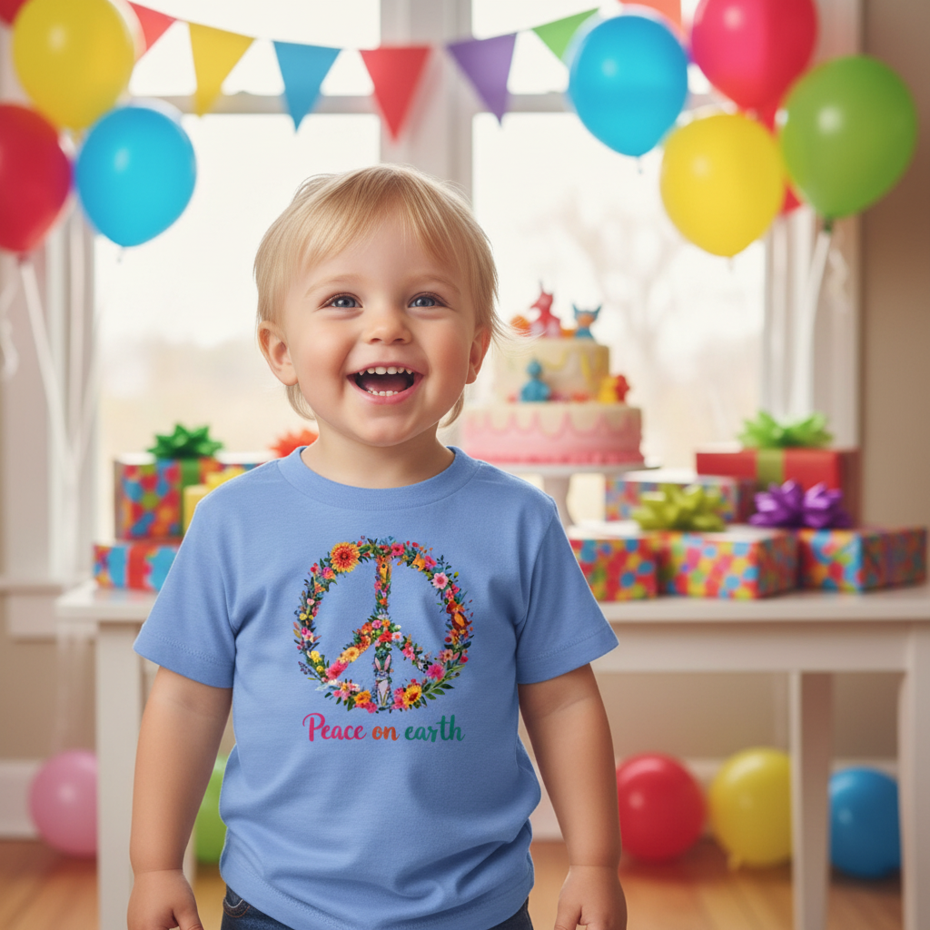 Peace on Earth Toddler Tee - Birthday party lifestyle shot