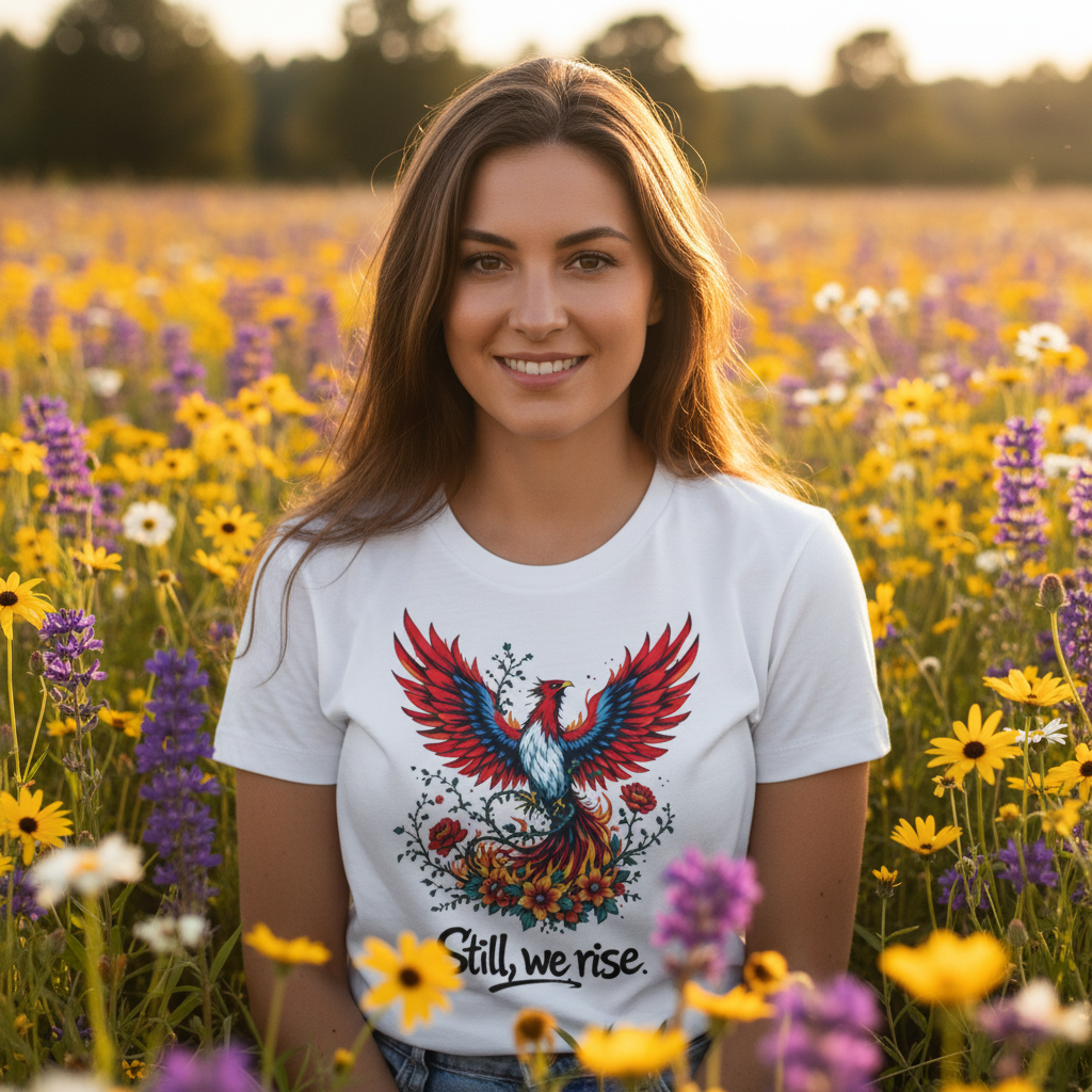 Portrait of woman in Still We Rise protest tee in wildflowers