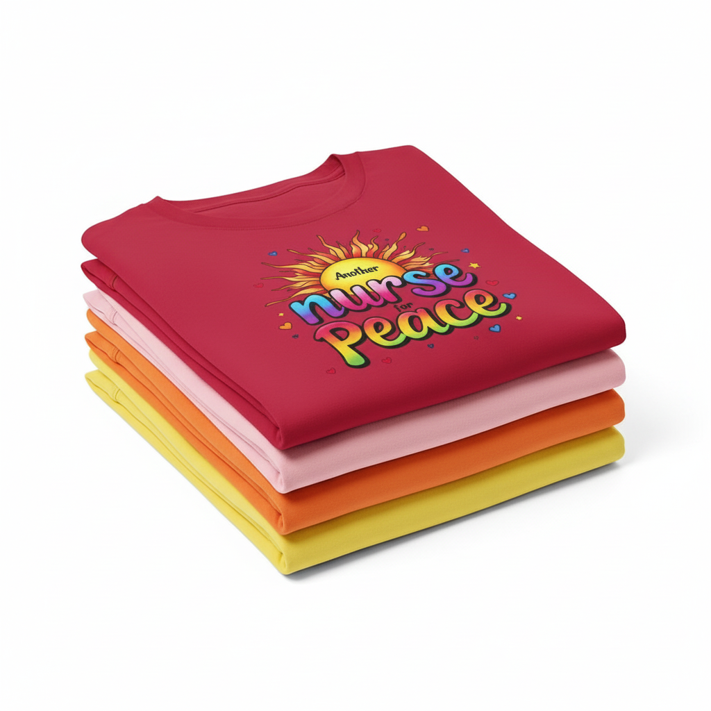 Rainbow stack of Another Nurse for Peace tees