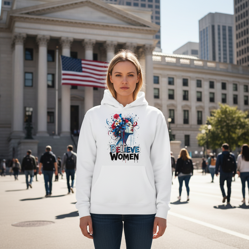 Strong woman wearing Believe Women hoodie in front of courthouse