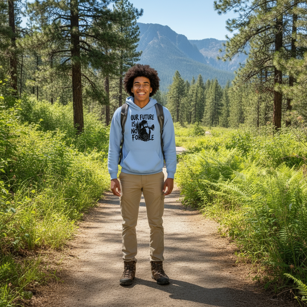 Teen boy in Carolina Blue Our Future is Not For Sale hoodie hiking