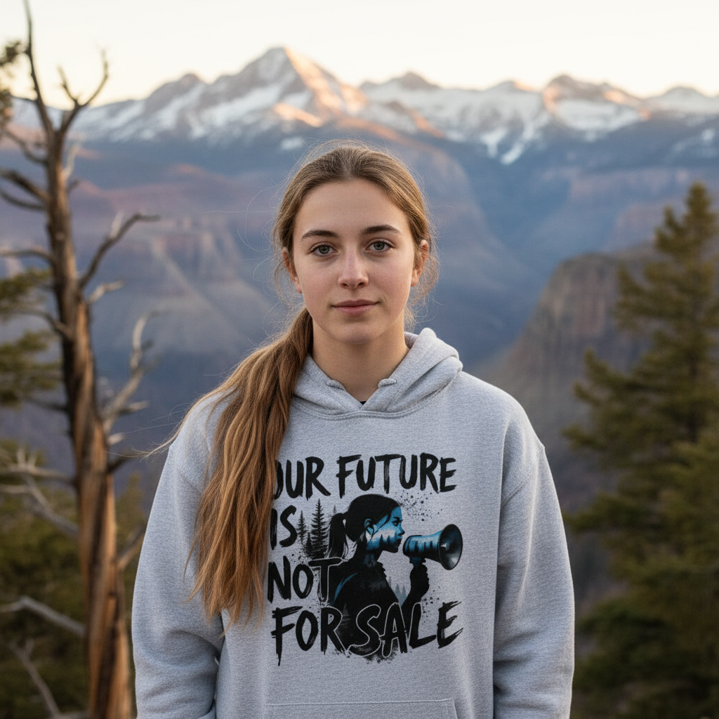 Teen girl in Our Future is Not For Sale hoodie at National Park