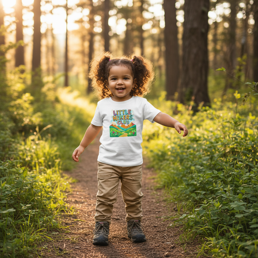 Toddler with curly pigtails wearing Little Hikers Club t-shirt on hiking trail - correct size