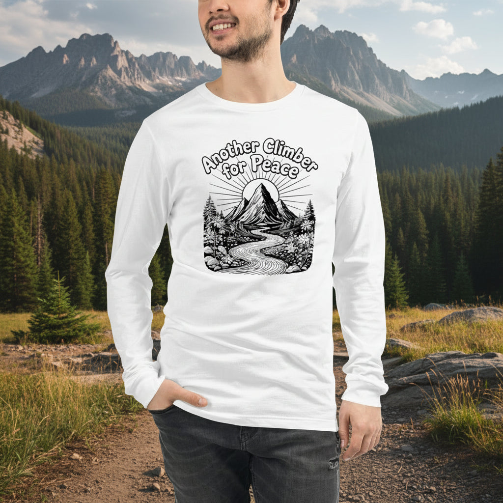 A man wears a tshirt that says "Another Climber for Peace" in a state park