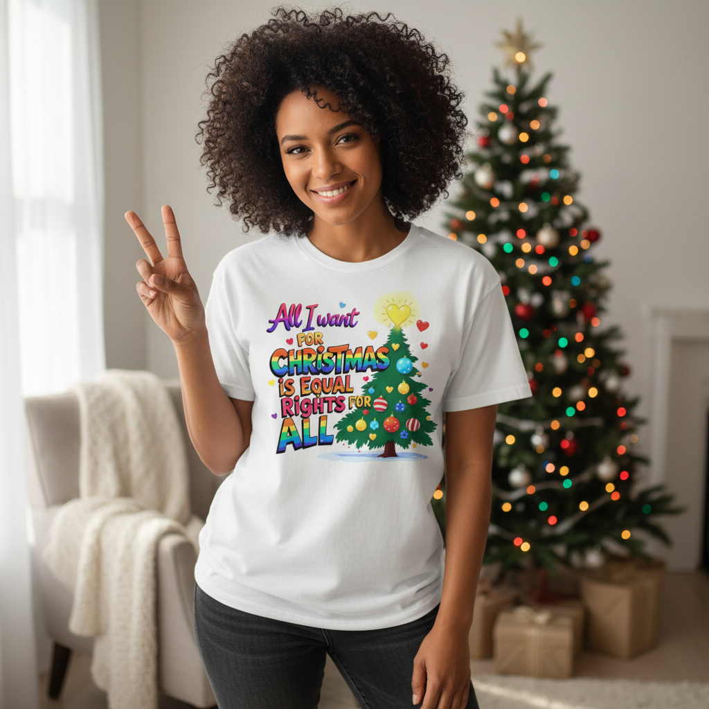 Woman wearing Equal Rights t-shirt with peace sign