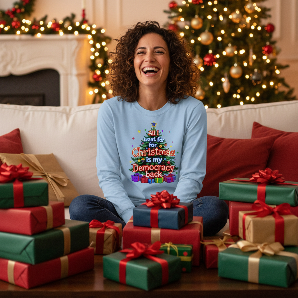 Woman wearing Light Blue Democracy shirt on couch with presents
