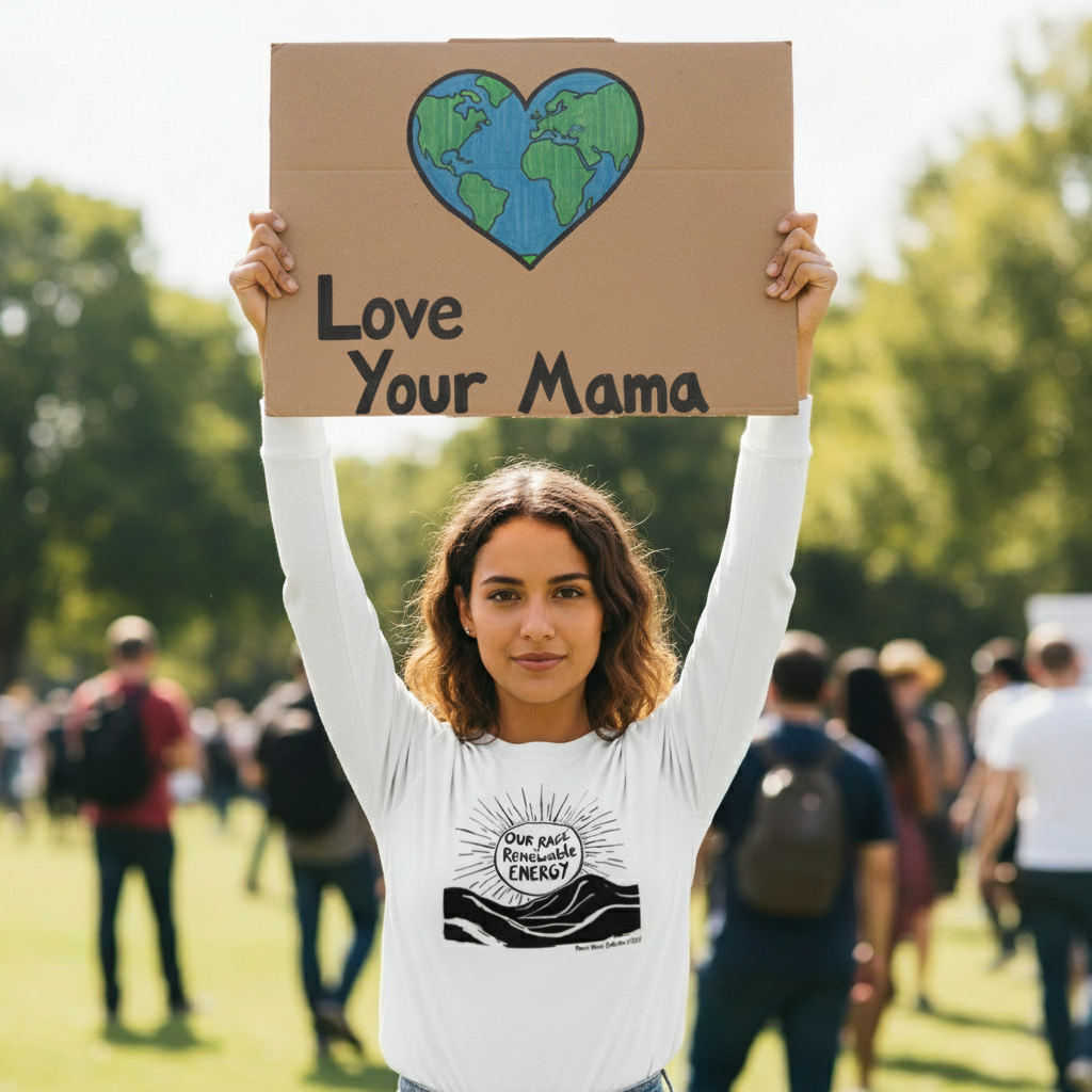 Woman wearing Our Rage is Renewable Energy tee holding Love Your Mama earth heart protest sign