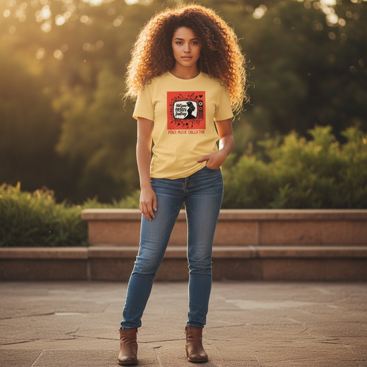 Woman with brown eyes and hair in Yellow Haze tee
