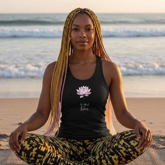 Woman with yellow and pink braids in No Mud No Lotus tank by ocean